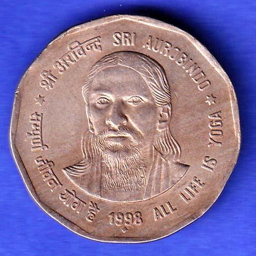 2 Rupee Coin 1998 BOMBAY MINT  Sri Aurobindo All Life Is Yoga HSK638