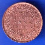 British India 1942 George VI King Emperor One Quarter Anna Copper Coin ANH2992