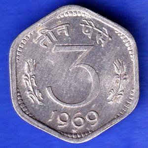 Republic India 1969 Hyderabad Mint Three Paisa Coin ANH3241