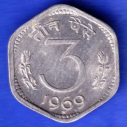 Republic India 1969 Hyderabad Mint Three Paisa Coin ANH3241