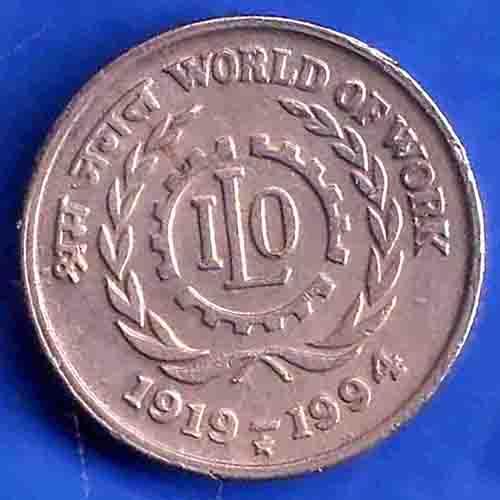 Republic India 1919-1994 World Of Work ILO Hyderabad Mint 5 Rupee Coin ANH3438
