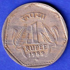 Republic India 1989 Hyderabad Mint One Rupee Coin HSK250