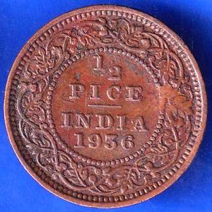 British India 1936 George V King Emperor Half Pice Coin ANH1990