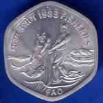 Republic India 1983 Hyderabad Mint Fisheries FAO 20 Paise Coin ANH345