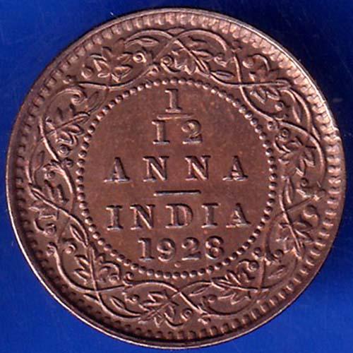 British India 1928 George V King 1/12 Anna Copper Coin ANH945