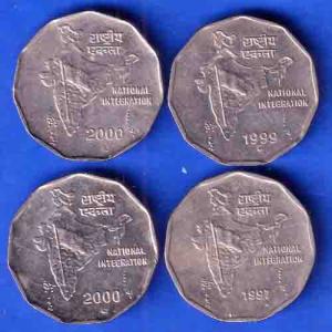 Set Of 4 Coins:-Republic india 2000 or 1997,1999 Two Rupees National Integration Coin ANH3391