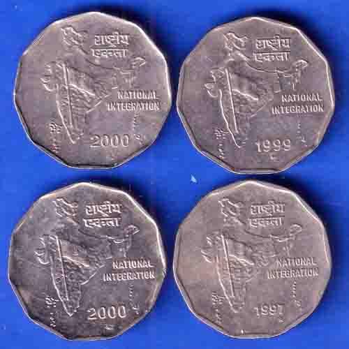 Set Of 4 Coins:-Republic india 2000 or 1997,1999 Two Rupees National Integration Coin ANH3391