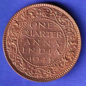 British India 1941 George Vi King ONE QUARTER Anna Copper Coin HSK947
