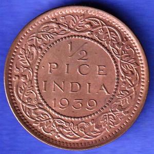 BRITISH INDIA 1939 GORGE VI KING 1/2 PICE BOMBAY MINT RARE COIN HSK991