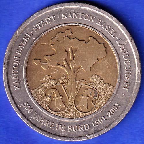 Switzerland 1 Dopplerstäbler – Basel bimetallic KANTON BASEL – STADT • KANTON BASEL – LANDSCHAFT 500 JAHRE IM BUND 1501-2001 ANH3289
