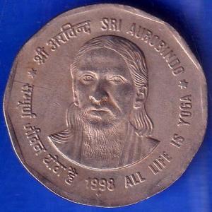 Republic India 1998 All Life Is Yoga SRI Aurobindo 2 Rupee Coin ANH796