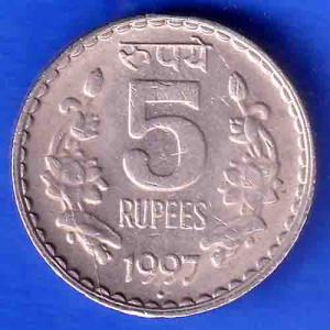 Republic India 1997 Five BOMBAY MINT Rupee Coin ANH3395