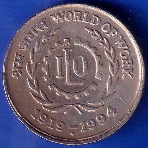 Republic India 1919-1994 World Of Work ILO 5 Rupee Coin ANH1007