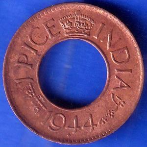 British India 1944 George VI King 1 Pice Copper Coin ANH1055