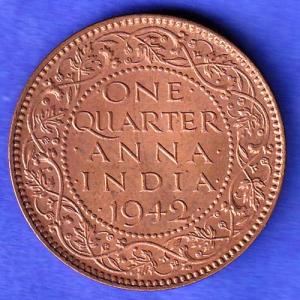 British India 1942 George VI King Emperor One Quarter Anna Copper Coin HSK648