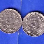 2 Coins Set:-Republic India 2000 And 2001 Five Rupee Coin ANH3295