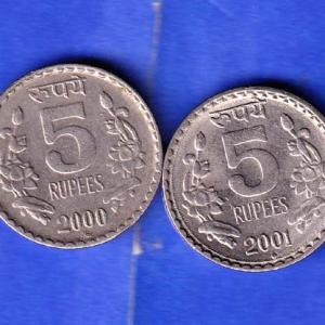2 Coins Set:-Republic India 2000 And 2001 Five Rupee Coin ANH3295