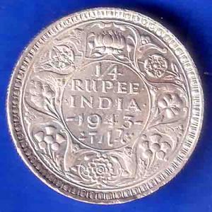 British India 1943 bombay mint  George Vi King Quarter Rupee Coin ANH3396