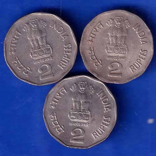 SET OF 3 REPUBLIC INDIA TWO RUPEE 1997 HYDRABAD MINT 1998 HYDRABAD MINT AND 2000 NOIDA MINT ANH1648