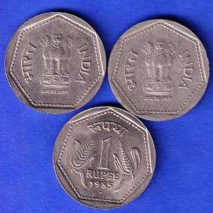 3 Coins Set:-UNC Republic India 1985 Bombay And Hyderabad Mint One Rupee Coin ANH3296
