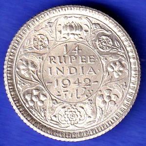 british india 1942 george vi 1/4 rupee silver coin HSK649
