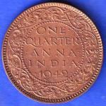British India 1942 George VI King Emperor One Quarter Anna Copper Coin ANH3289