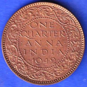 British India 1942 George VI King Emperor One Quarter Anna Copper Coin ANH3289