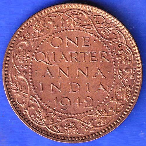 British India 1942 George VI King Emperor One Quarter Anna Copper Coin ANH3289