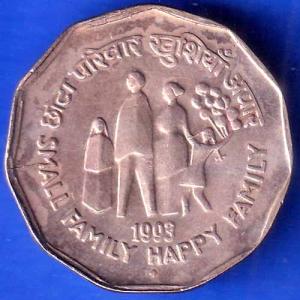 Republic India 1993 Small Family Happy Family 2 Rupee BOMBAY MINT Coin ANH2397