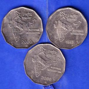 3 Coins SetRepublic india 2000 or 1997 Two Rupees National Integration Coin ANH3297