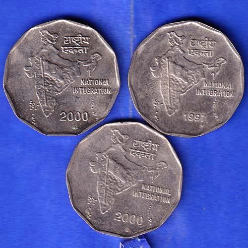 3 Coins SetRepublic india 2000 or 1997 Two Rupees National Integration Coin ANH3297