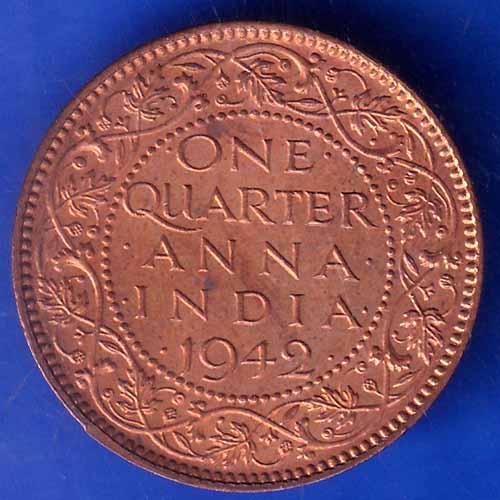 British India 1942 George VI King Emperor One Quarter Anna Copper Coin ANH2150