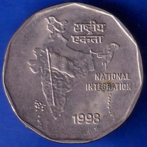 Republic India 1998 Hyderabad Mint National Integration 2 Rupees Coin ANH554