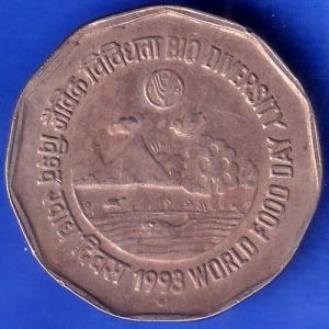 Republic India 1993 Bombay Mint Bio Diversity World Food Day 2 Rupee Coin ANH854