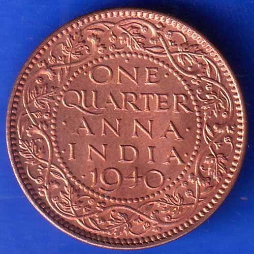 British India 1940 George VI King One Quarter Anna Copper Coin ANH1807