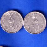 SET OF 2 : REPUBLIC INDIA 50 PAISA 1889-1964 BOMBAY MINT COINS ANH2355