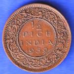 BRITISH INDIA 1939 GORGE VI KING 1/2 PICE BOMBAY MINT RARE COIN ANH3205