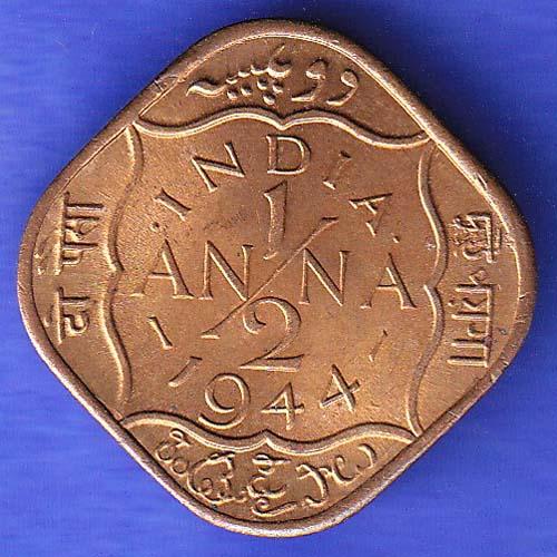 BRITISH INDIA 1944 GEORGE VI 1/2 ANNA COIN  HSK854