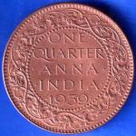 BRITISH INDIA 1939 GORGE VI KING ONE QUARTER ANNA COPPER COIN ANH1857