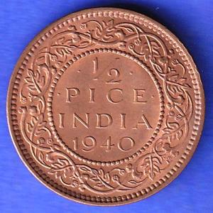 BRITISH INDIA 1940 1/2 PICE GEORGE VI COPPER COIN HSK358