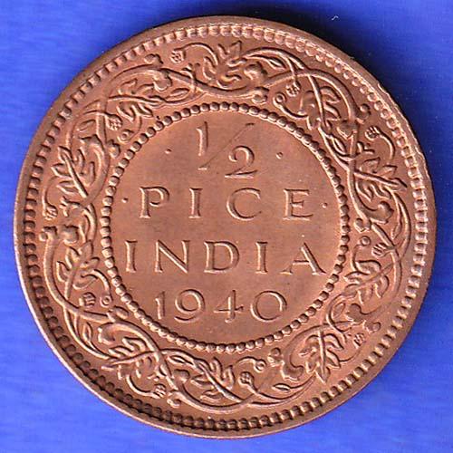 BRITISH INDIA 1940 1/2 PICE GEORGE VI COPPER COIN HSK358