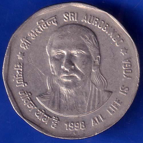 Republic India 1998 Bombay Mint All Life Is Yoga SRI Aurobindo 2 Rupee Coin ANH470