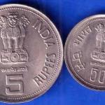set of 2 coins republic india 1917 1984 Bombay Mint Indira Gandhi 5 Rupees AND 50 Paise ANH1723