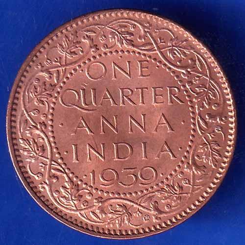 BRITISH INDIA 1939 GORGE VI KING ONE QUARTER ANNA COPPER COIN ANH1919