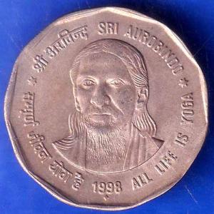 Republic India 1998 Bombay Mint All Life Is Yoga SRI Aurobindo 2 Rupee Coin ANH1725