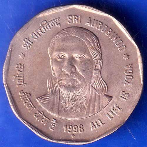 Republic India 1998 Bombay Mint All Life Is Yoga SRI Aurobindo 2 Rupee Coin ANH1725