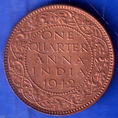 British India 1942 George VI King Emperor One Quarter Anna Coppr Coin ANH1172