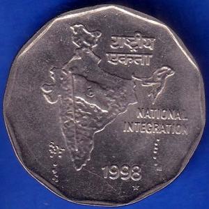 Republic India 1998 Hyderabad Mint National Integration 2 Rupees Coin ANH756