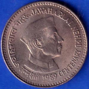 Republic India 1989 Jawaharlal Nehru Centenary 5 Rupee Coin ANH208