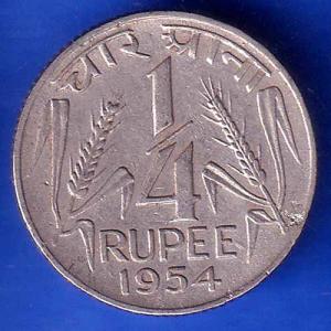 Government of India 1954 1/4 Rupee calcutta MINT Coin ANH3057